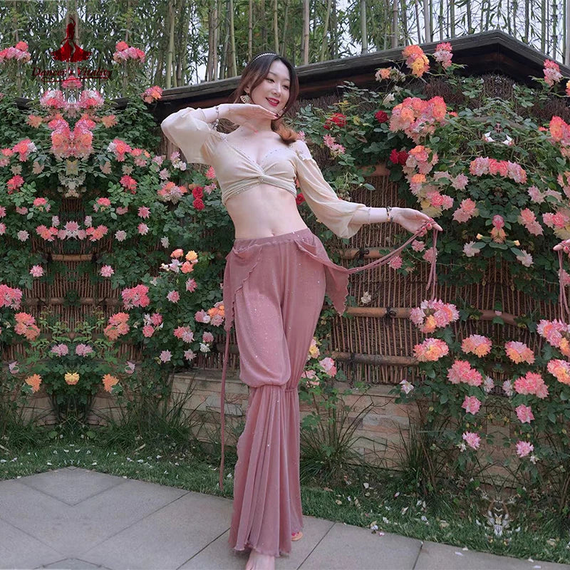 Belly Dance Women's Lavender Chiffon Slit Harem Pants with Ruffled Waistband