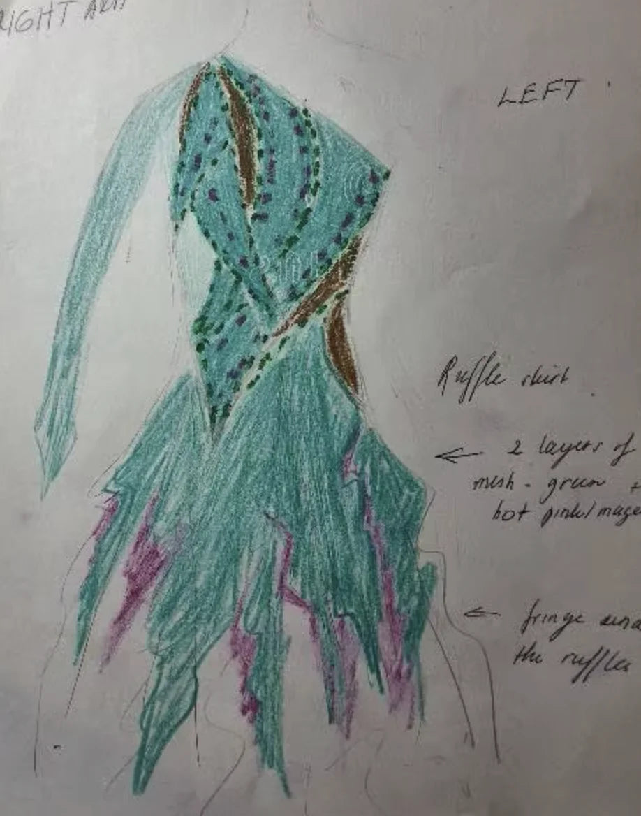 Dance Dress Women's Teal Mesh Ruffle Skirt with Magenta Fringe, Embellished Bodice