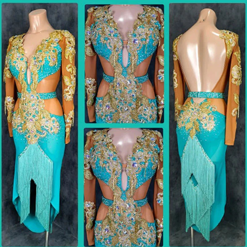 Women's Aqua & Gold Sequin Rhinestone Fringe Latin Rhythm Ballroom Dance Dress