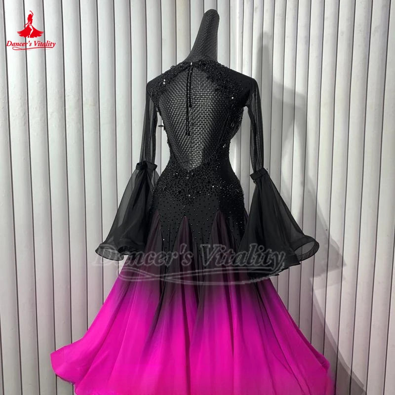 Adult Social Dance Long Sleeve Gradual Change Color Big Swing Dress Blackpool Dance Festival Standard Waltz Professional Costume