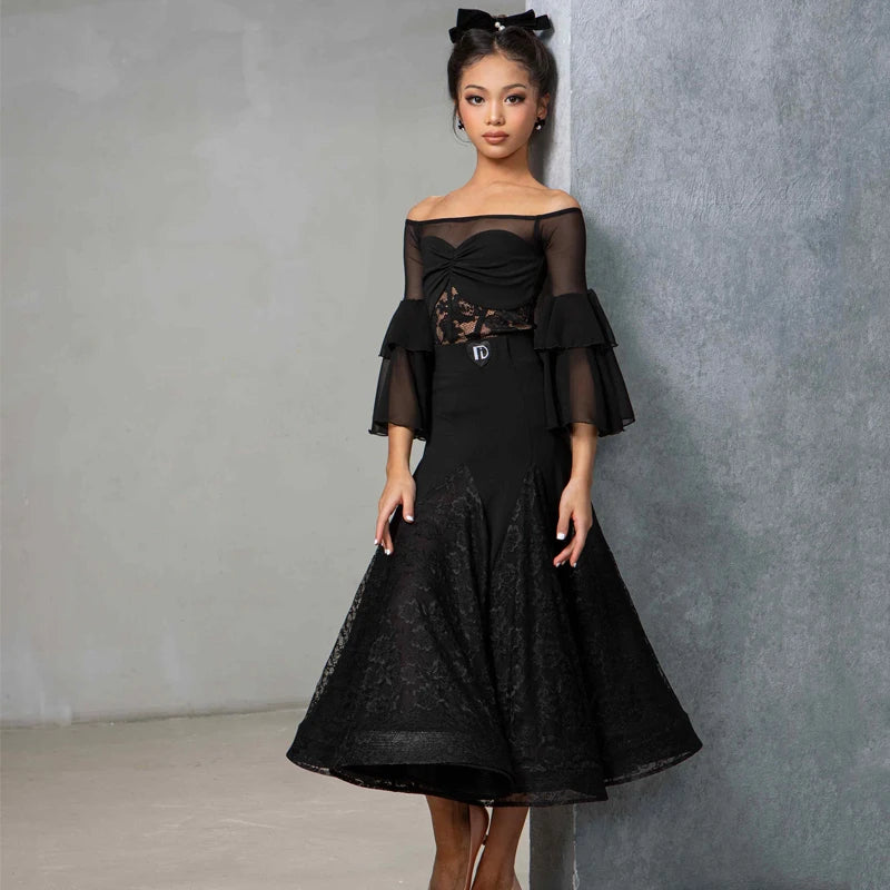 Women's Black Lace Ballroom Dance Dress with Bell Sleeves