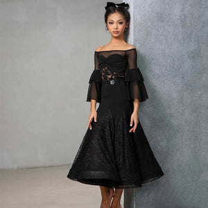 Women's Black Lace Ballroom Dance Dress with Bell Sleeves