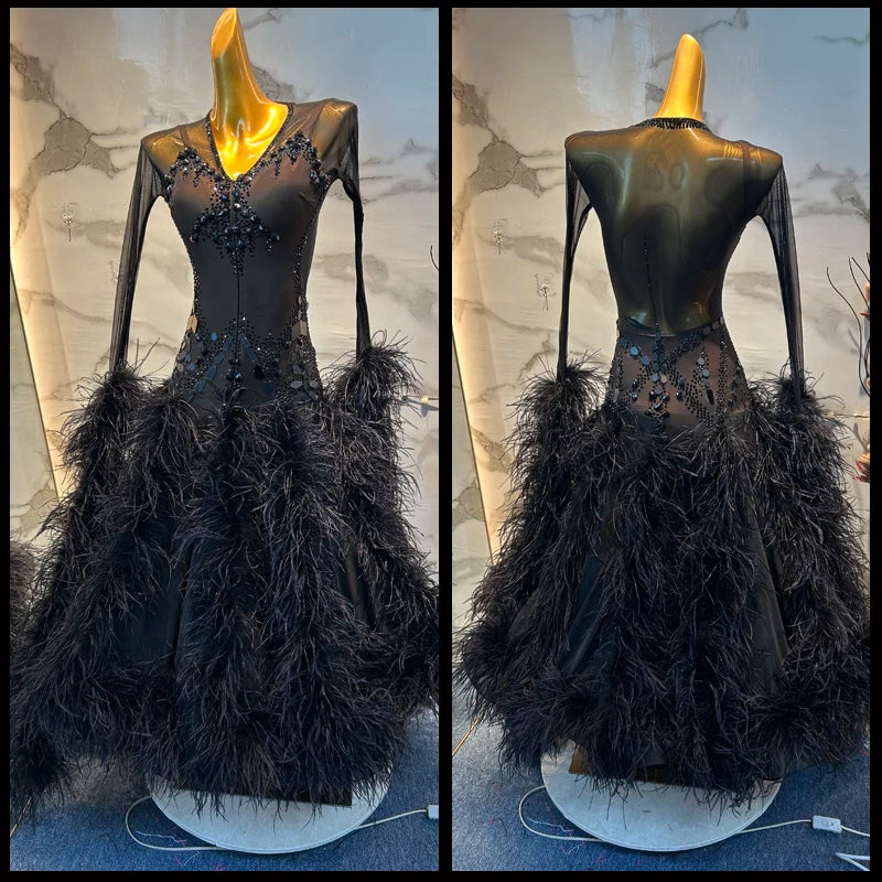 Ballroom Dance Dress Women's Black Mesh & Feather Sequin Embellished Long Sleeve Gown Waltz Foxtrot Tango Performance