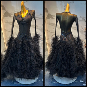Ballroom Dance Dress Women's Black Mesh & Feather Sequin Embellished Long Sleeve Gown Waltz Foxtrot Tango Performance