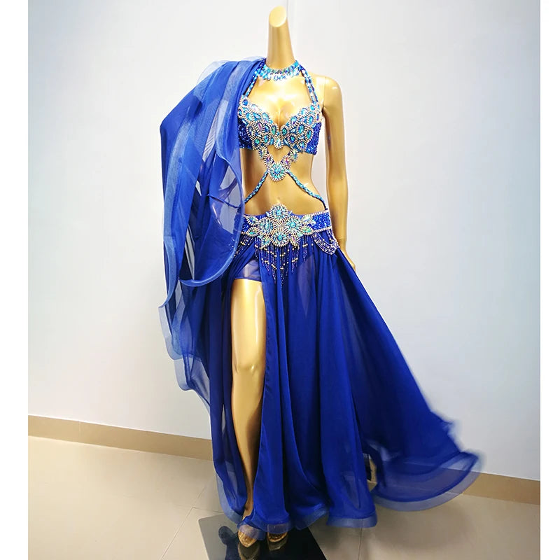 Belly Dance Costume, Women's Royal Blue Sequin Halter Top & High Slit Skirt, Chiffon & Beaded Professional Dancewear