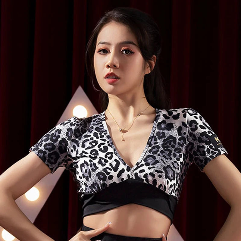 Women's Gray Leopard Print V-Neck Long Sleeve Crop Top with Criss-Cross Waistband for Latin Dance