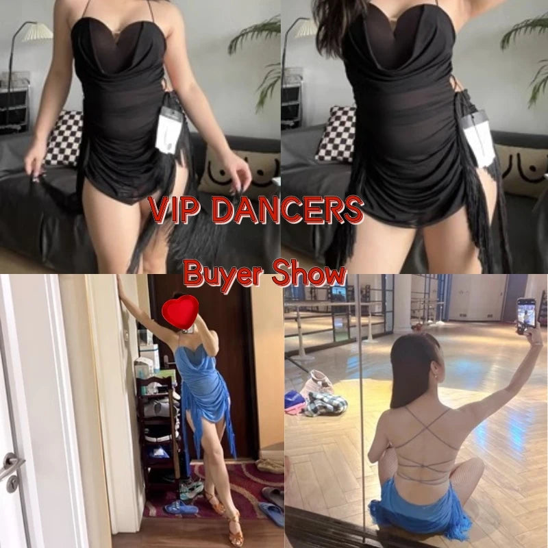 Women's Blue Mesh Tassel Fringe Mini Dress, Latin Dance