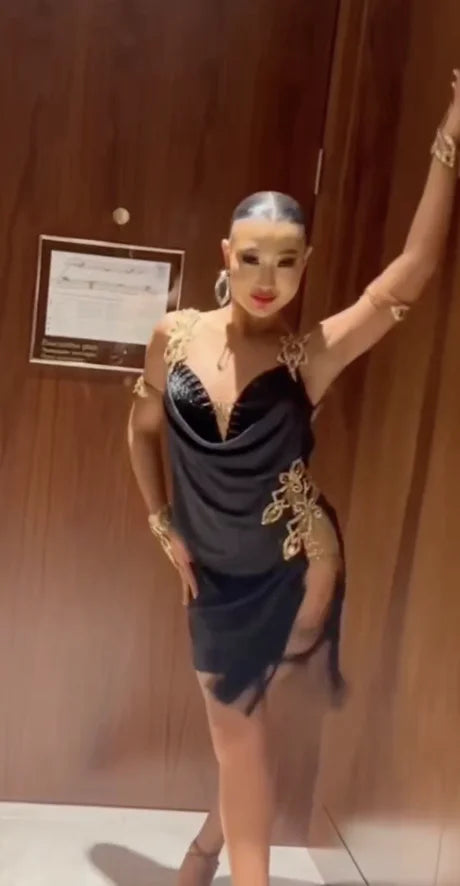 Women's Black & Gold Embellished Satin Latin Dance Dress with Fringe Hem