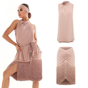 Women's Nude Sleeveless High-Neck Ruffled Fringe Latin Dance Dress