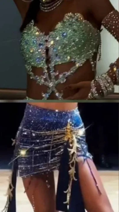 Belly Dance Costume Set Women's Green and Blue Sequin Rhinestone Bra and Skirt with Gold Appliques