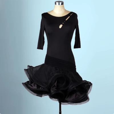 Latin Dance Dress Women's Red Stretch Knit Quarter Sleeve Cut-out Backless Ruffled Standard Ballroom Performance Costume