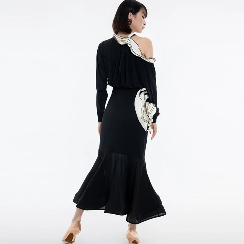 Women's Black & White Off-Shoulder Ruffle Rose Ballroom Dance Dress