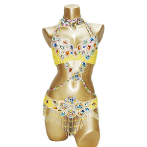 Dance Costume Women's White Iridescent Crystal Beaded Halter Bra and Belt Set with Fringe, Belly Dance