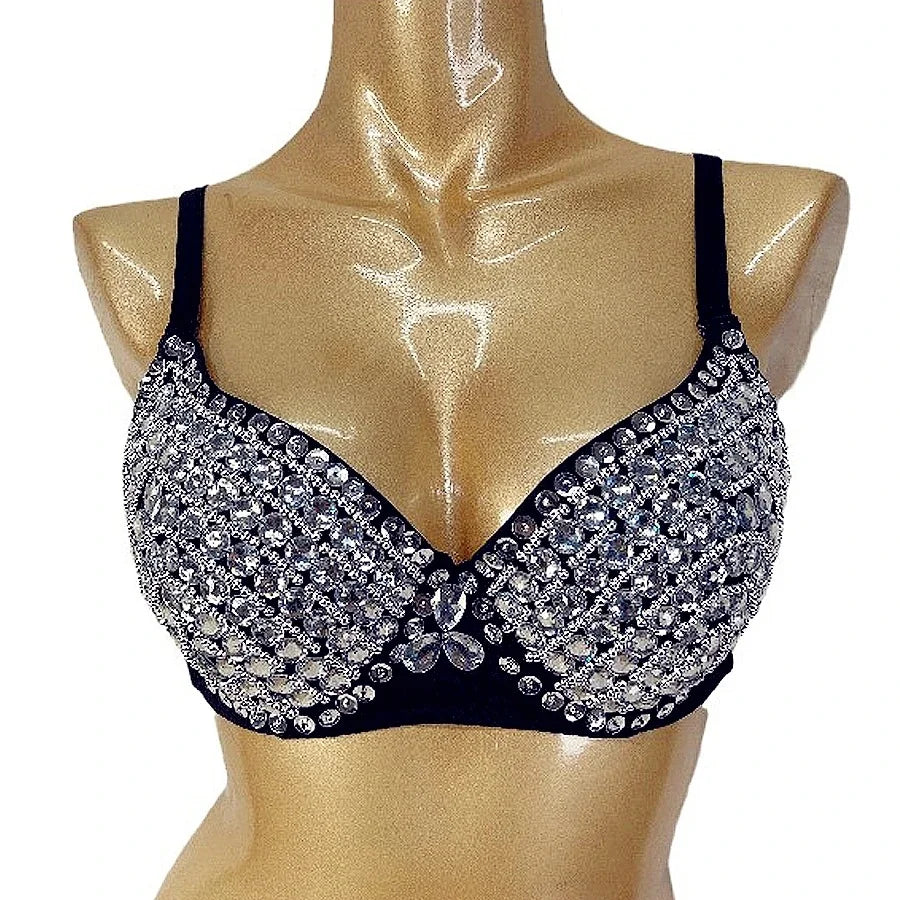 Sequin Embellished Dance Bra Top Gold Black Latin Ballroom Salsa Belly Dance Costume Women's