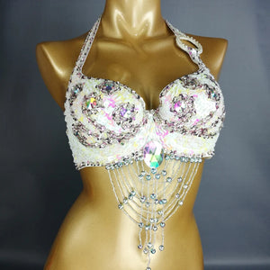 Belly Dance Halter Top, Women's Teal Sequin & Beaded Crystal Bra with Dangles, Performance Costume