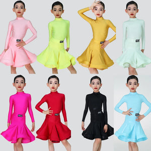 Girls' Pink Long Sleeve Mock Neck Pleated Skirt Latin Ballroom Dance Dress