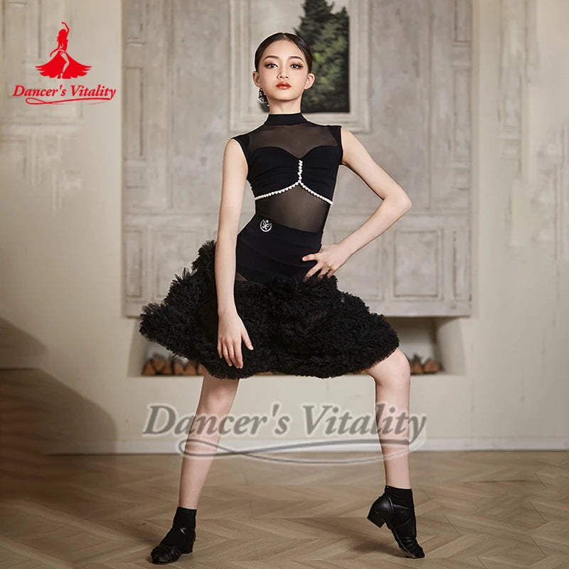 Girls' White & Black Mock Neck Mesh Pearl Latin Dance Dress with Ruffled Skirt