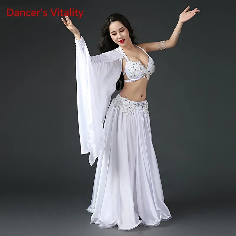 Belly Dance Costume Women's Royal Blue Satin Halter Bra Skirt Set with White Floral Applique and Arm Sleeves