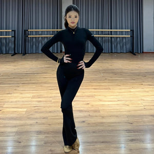 Women's Black Long Sleeve Mock Neck Thumbhole Leotard and Leggings Set, Latin Dance