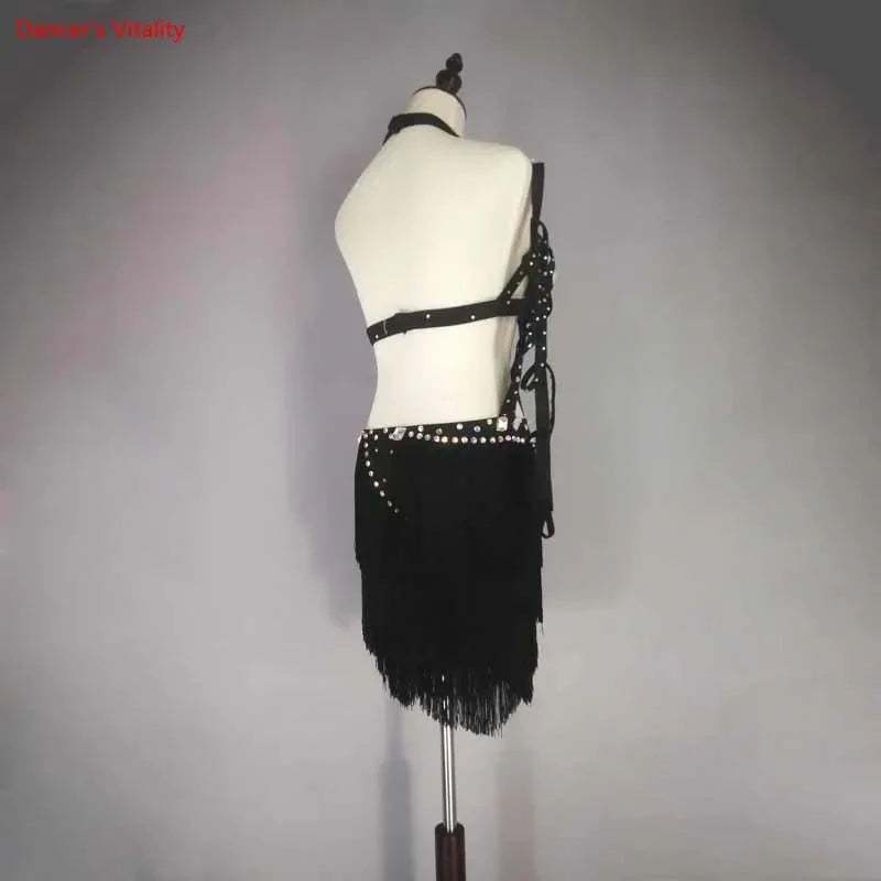 Women's Black Halter Fringe Latin Dance Dress with Rhinestones and Cut-Outs