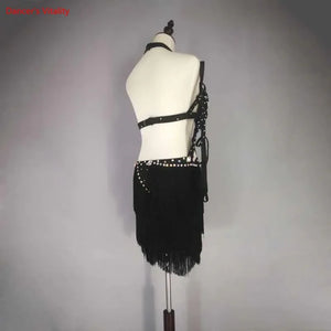 Women's Black Halter Fringe Latin Dance Dress with Rhinestones and Cut-Outs