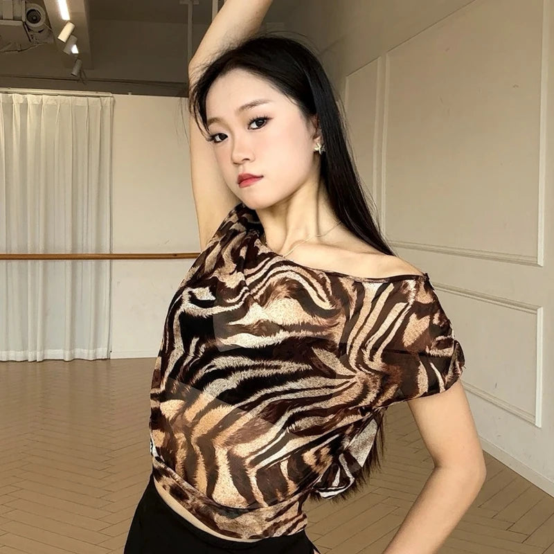 Women's Off-Shoulder Dance Top, Solid & Animal Print, Short Sleeve, Polyester Blend, Latin Dance