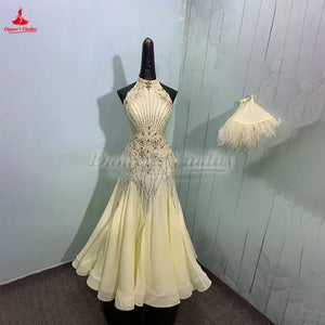 Women's Standard Ballroom Dance Dress With Full Swing Skirt Light Yellow For Competition