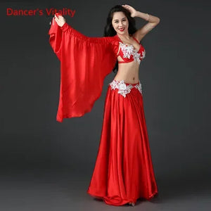 Belly Dance Costume Women's Royal Blue Satin Halter Bra Skirt Set with White Floral Applique and Arm Sleeves
