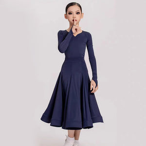 Girls' Navy Blue Long Sleeve V-Neck Ballroom Latin Dance Dress with Finger Loops