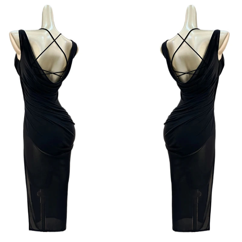 Women's Black Floral Lace Mesh Spaghetti Strap Bodycon Latin Dance Dress