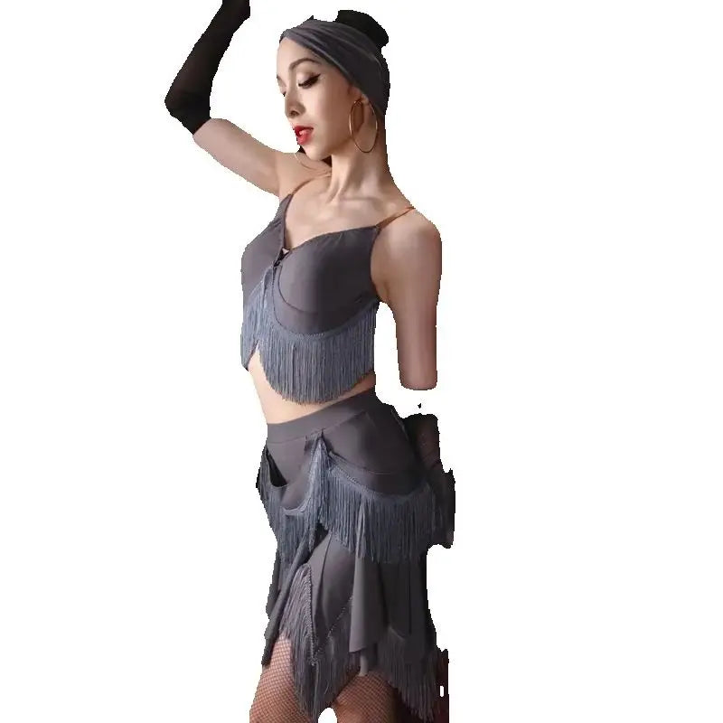 Women's Gray Fringe Latin Dance Top and Skirt Set, Mesh Gloves, and Headband, Ballroom Performance Costume