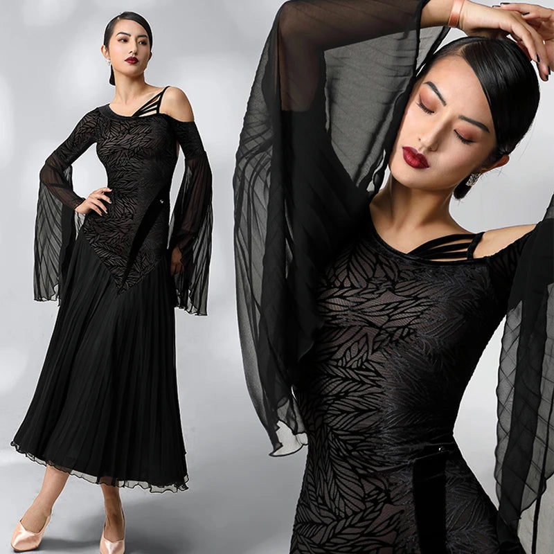 Ballroom Dance Dress Women Black Sheer Chiffon Velvet Leaf Print Pleated Long Sleeve Modern Waltz Foxtrot Tango