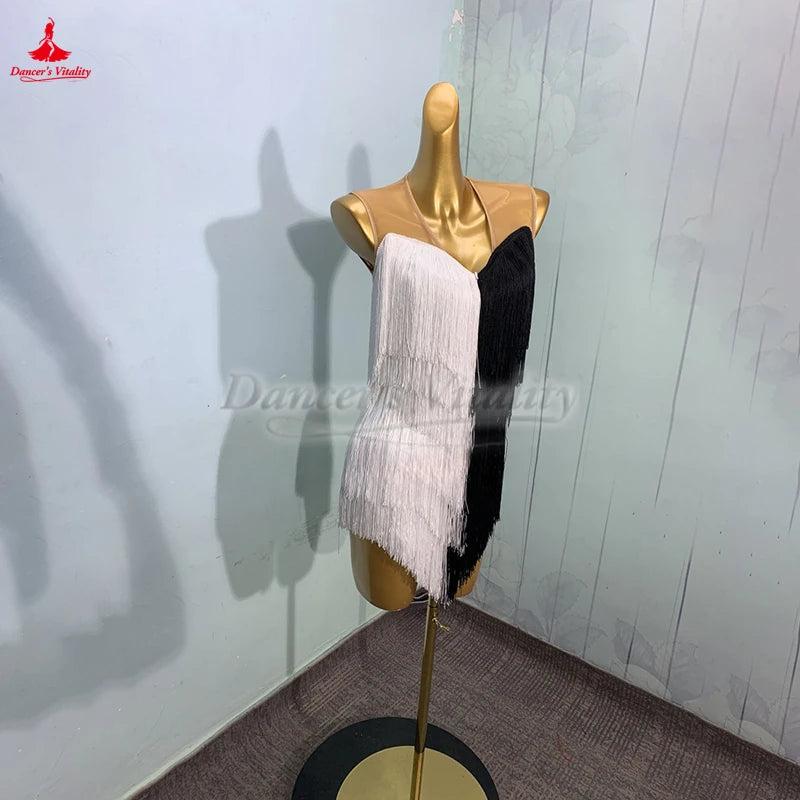 Latin Ballroom Dance Competition Dress With Tassel Fringe Black Or White For Cha Cha, Samba, Rumba, Jive