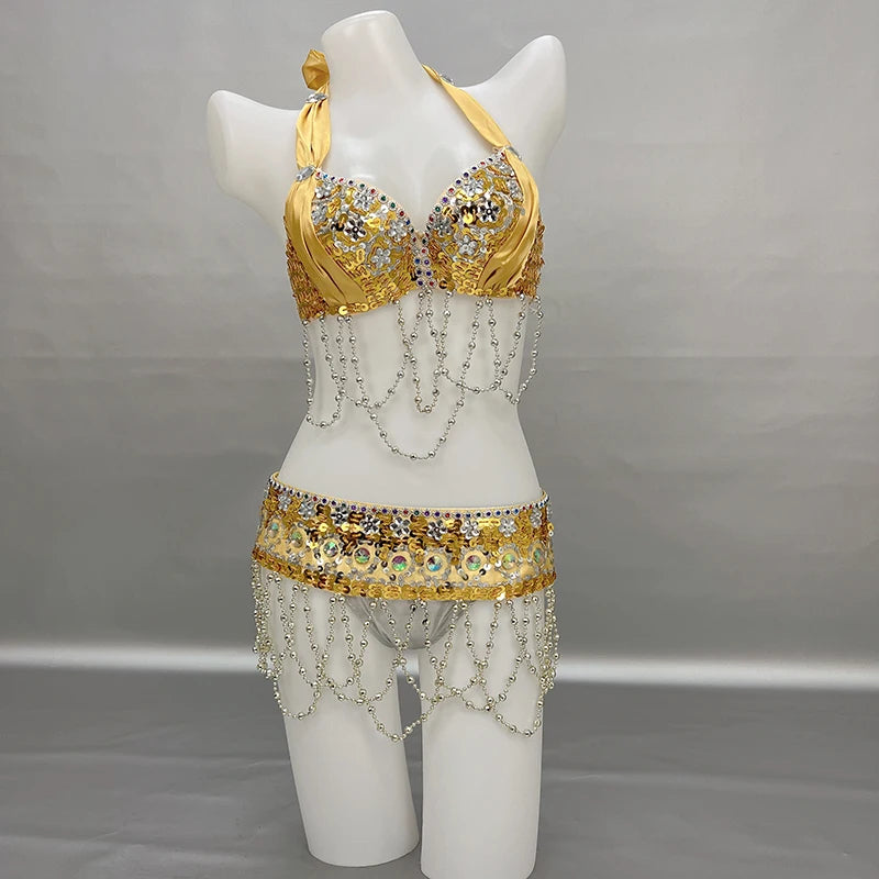 Belly Dance Costume Women's Gold Sequin Beaded Halter Bra and Hip Scarf Set with Chain Fringe