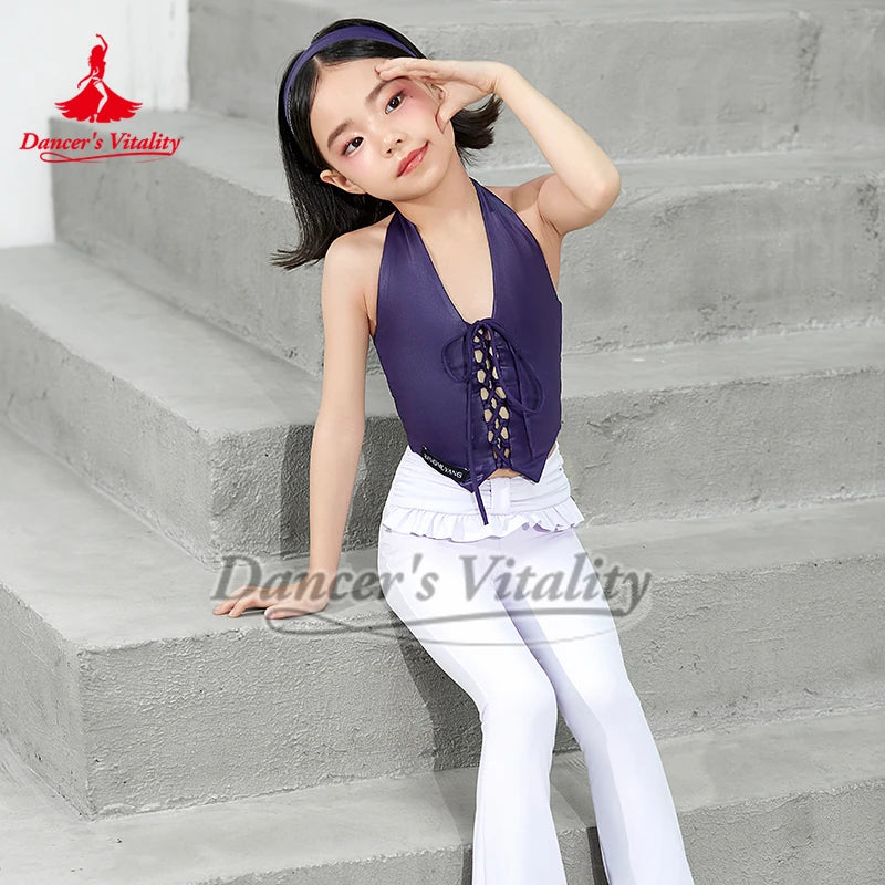 Girls' Purple Halter Lace-Up Ruffled Latin Dance Dress