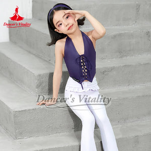 Girls' Purple Halter Lace-Up Ruffled Latin Dance Dress