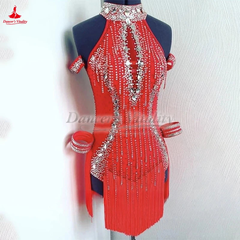 Women's Latin Ballroom Dress With High Neck Tassels and AB Rhinestones, Red, Cha-Cha Samba Rumba Competition