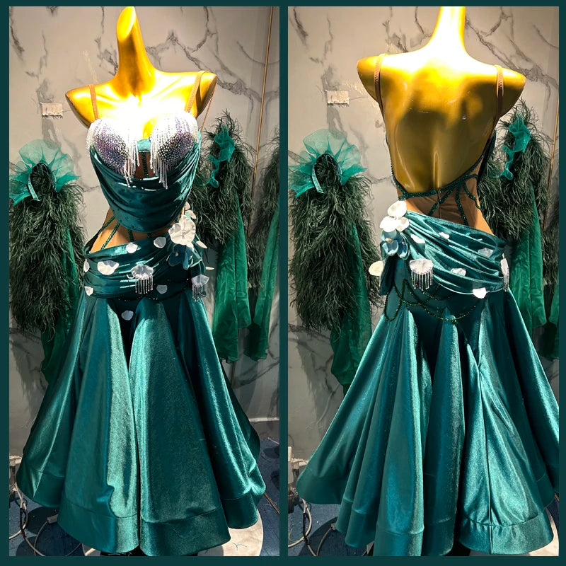 Women's Teal Sequin & Beaded Velvet Ballroom Dance Dress with Floral Appliques