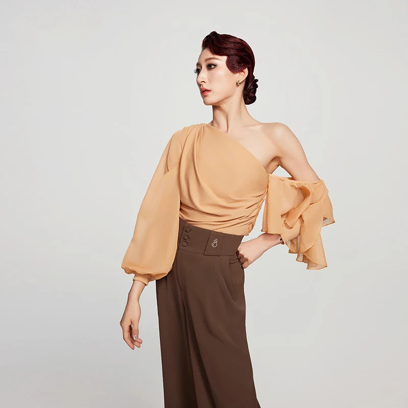 Women's Brown & Peach One-Shoulder Ruffle Sleeve Ballroom Dance Top & Pleated Wide-Leg Pants Set