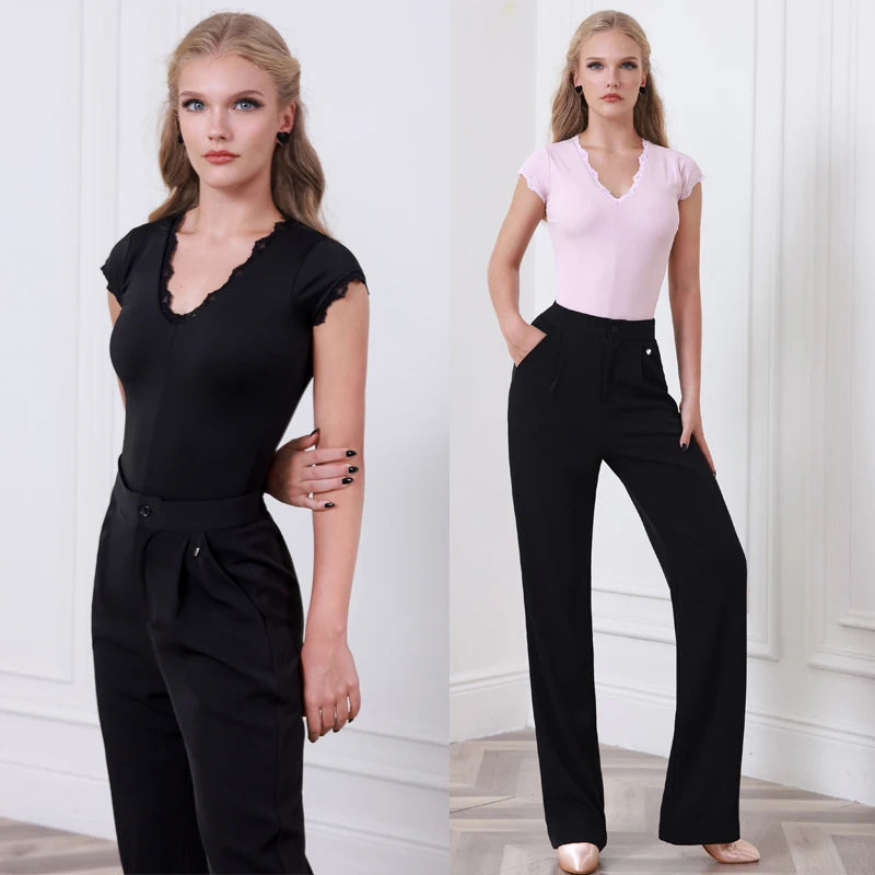 Women's Black & Pink Lace-Trim V-Neck Bodysuit with Black Pleated Wide-Leg Dance Trousers, Ballroom & Latin Dancewear