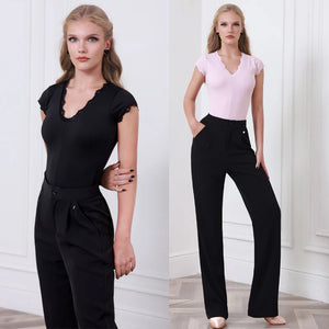 Women's Black & Pink Lace-Trim V-Neck Bodysuit with Black Pleated Wide-Leg Dance Trousers, Ballroom & Latin Dancewear
