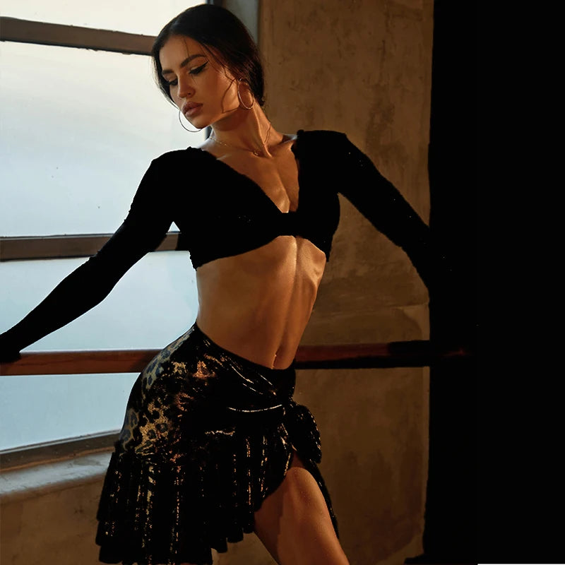Women's Black Glitter Long Sleeve Crop Top and Leopard Print Ruffle Skirt Latin Dancewear, Women's Burgundy Glitter Long Sleeve Crop Top and Leopard Print Ruffle Skirt Latin Dancewear, Women's Gold Glitter Long Sleeve Crop Top and Leopard Print Ruffle Ski