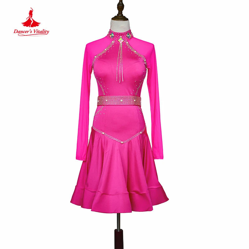 Women's Royal Blue Rhinestone Mesh Long Sleeve Latin Ballroom Dance Dress