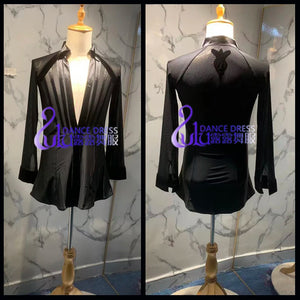Men's Black Satin & Mesh V-Neck Long Sleeve Latin Dance Shirt with Peplum Hem
