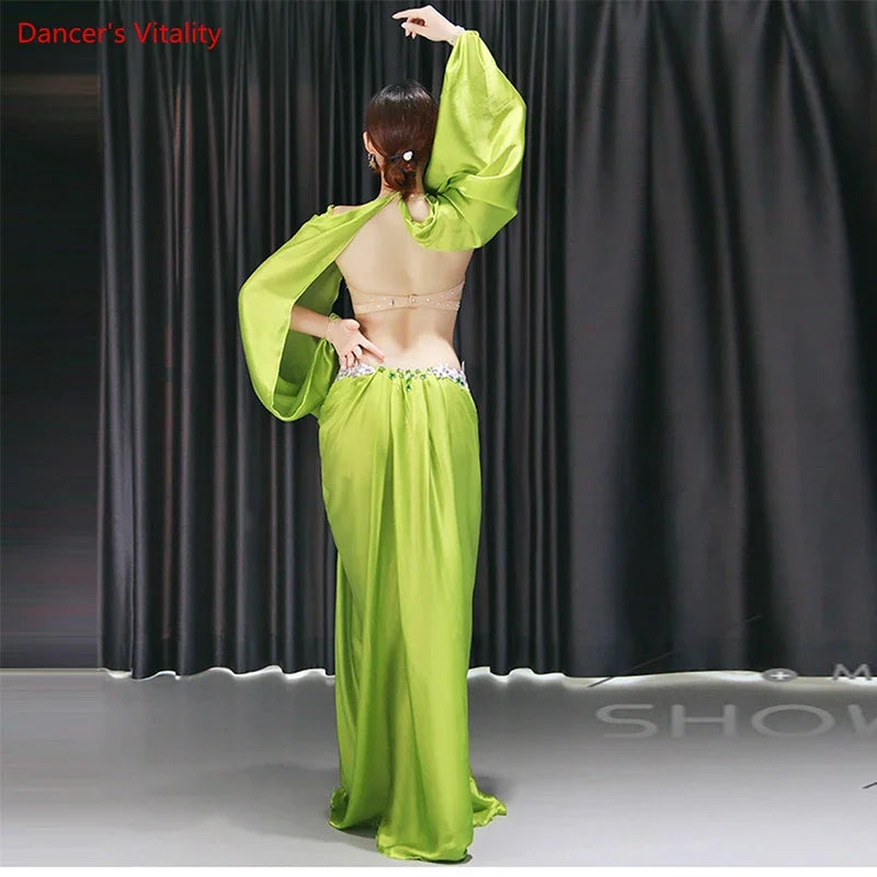 Belly Dance Costume Women Orange Satin Embroidered Crop Top with Bell Sleeves and Long Skirt