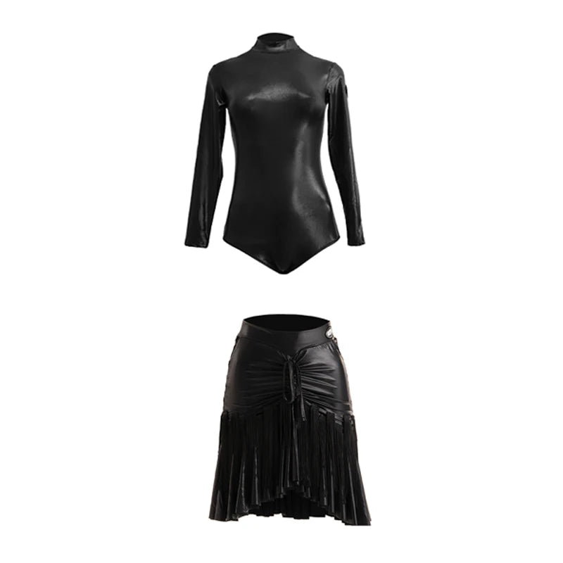 Women's Leopard Print Mesh Long Sleeve Bodysuit with Fringe Skirt Latin Dancewear