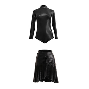 Women's Leopard Print Mesh Long Sleeve Bodysuit with Fringe Skirt Latin Dancewear