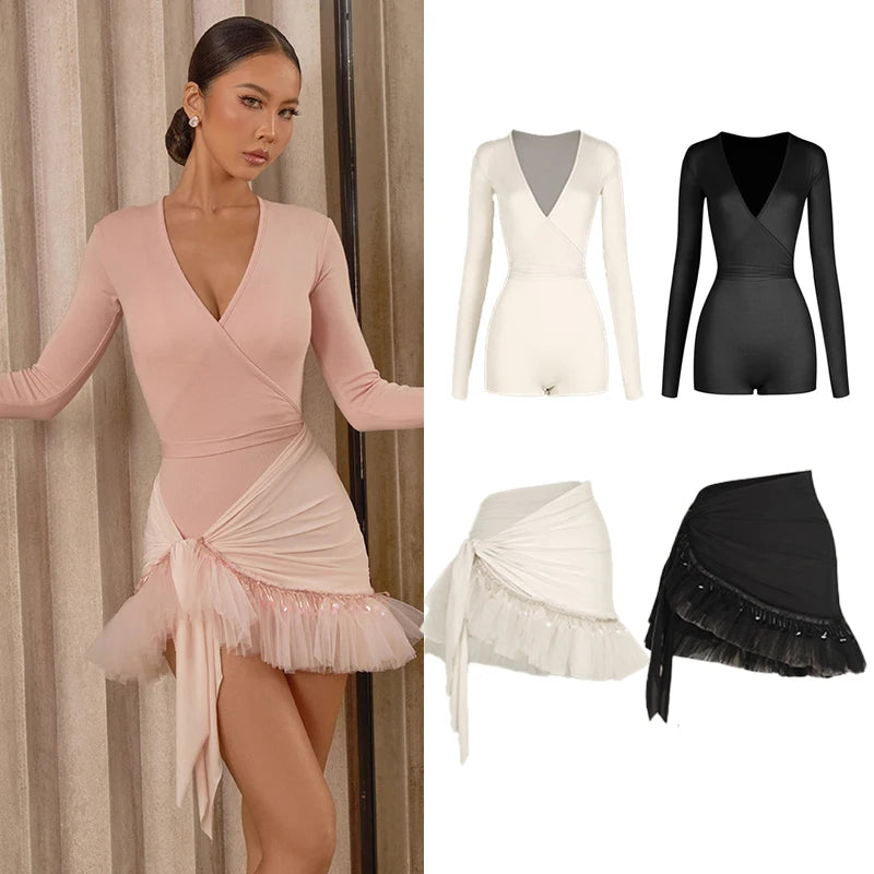 Women's Pink V-Neck Long Sleeve Bodysuit with Ruffled Sequin Wrap Skirt Latin Dance Dress