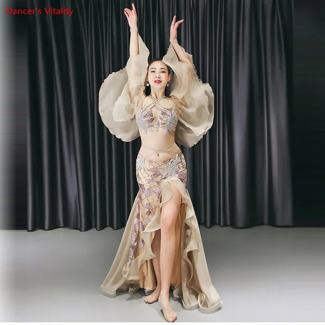 Belly Dance Costume Women's Silver Sequin Halter Top Chiffon Sleeve Slit Skirt Set, Adult