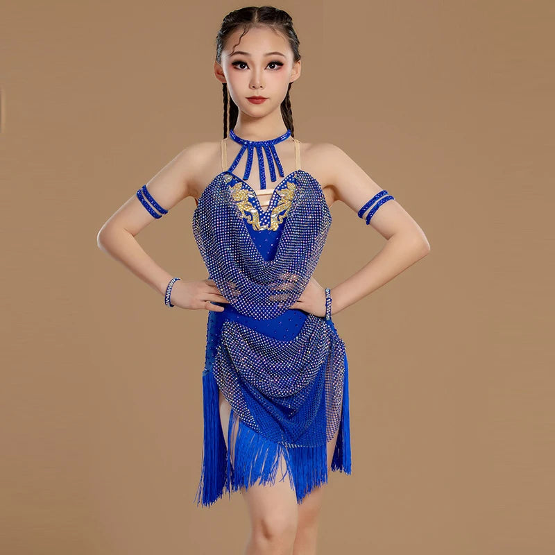 Girls' Blue Sequin Fringe Latin Dance Dress with Armbands and Choker, Halter Neck